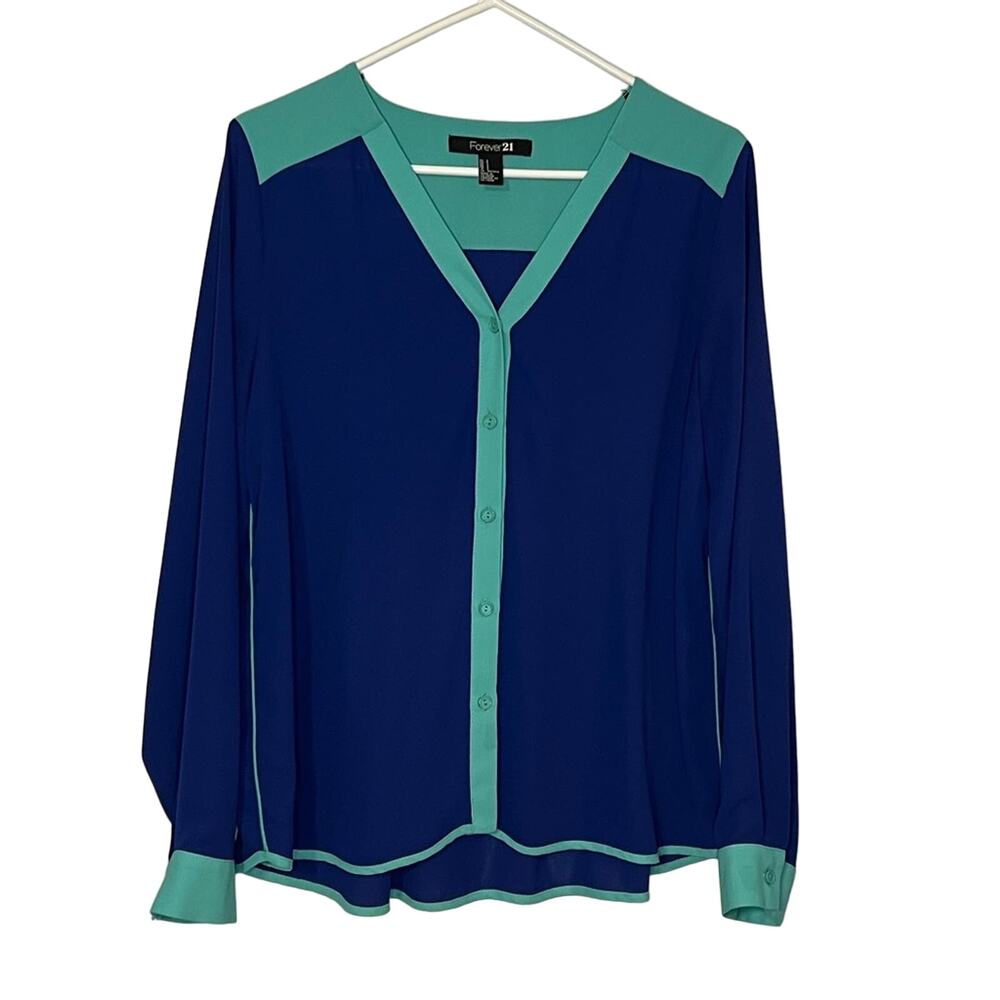 Forever 21 Color Block Long Sleeve Button Down Top Small